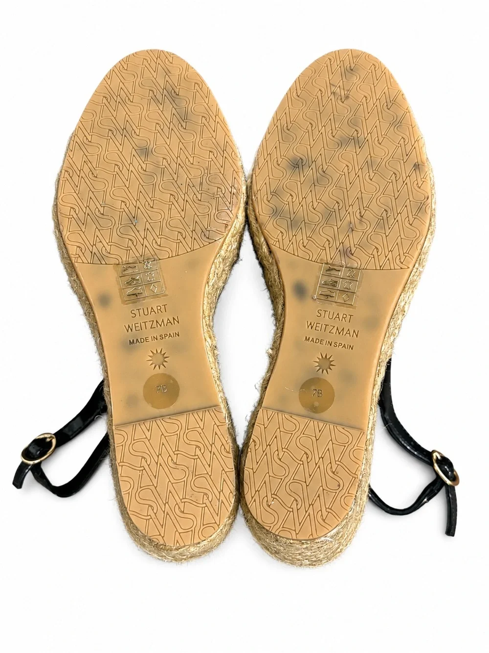 Stuart Weitzman Island Peep-Toe Espadrille Wedge Black Patent Leather Sz 7 New